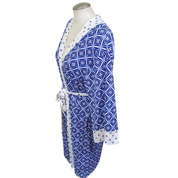 Flora Nikrooz Womens L Robe Housecoat Geometric Print Blue White Belted Jersey - Picture 4 of 9